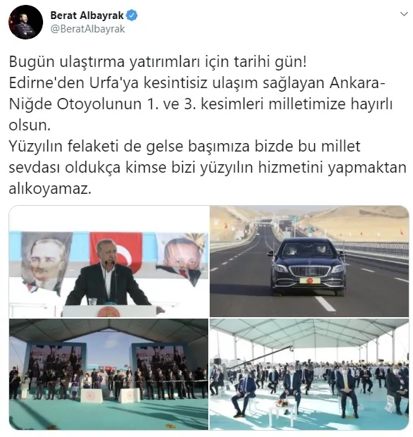 Son dakika: Hazine ve Maliye Bakanı Berat Albayrak’tan Ankara-Niğde Otoyolu mesajı