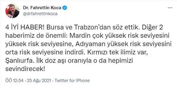 Aşılamada sevindiren haber! Bakan Koca paylaştı! Kırmızı tek il Şanlıurfa