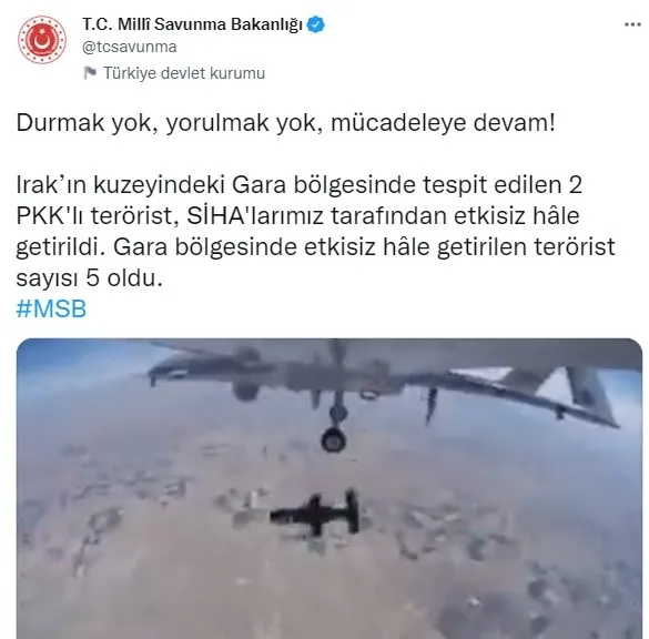 MSB'den SON DAKİKA açıklaması: Gara'da 2 PKK'lı SİHA'larla vurularak öldürüldü - 1