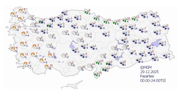 29 Aralık Pazartesi hava tahmin haritası