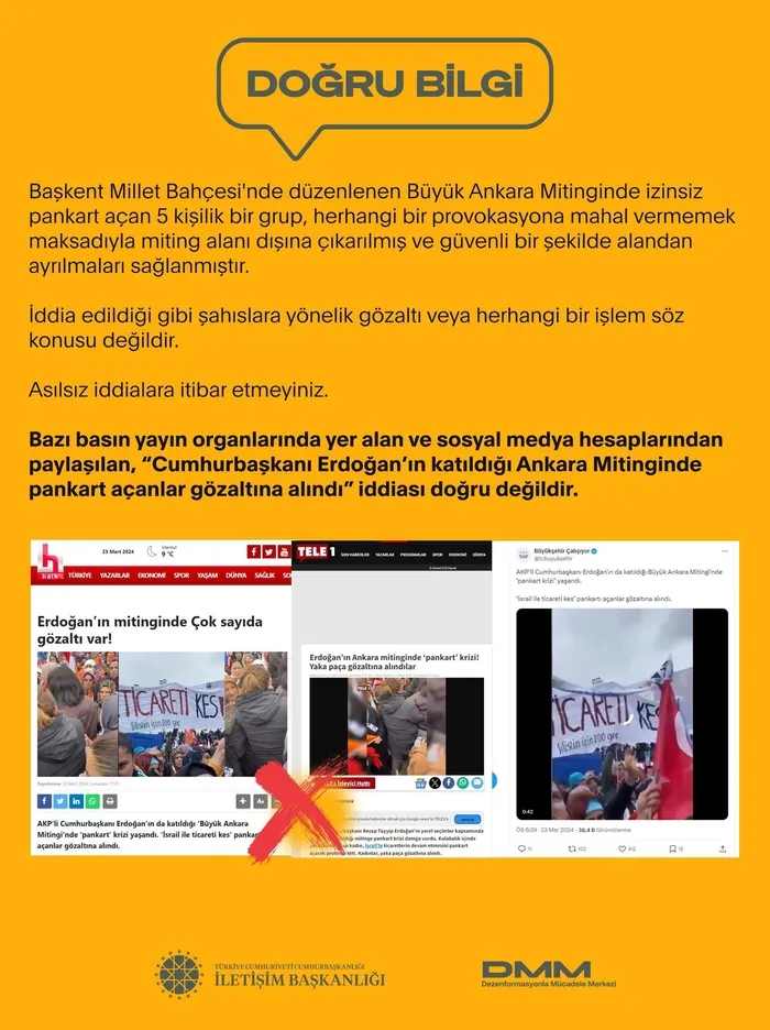 Fondaş medya yine patladı! Ankara mitinginde pankart açanlar gözaltına alındı iddiasına yalanlama! Dezenformasyonla Mücadele Merkezi: Söz konusu değildir