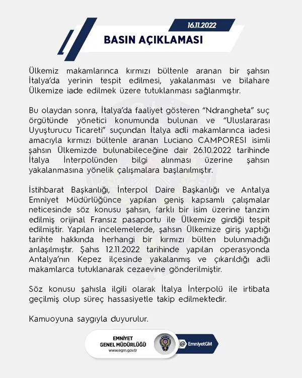 EGM’den İtalyan suç örgütü yöneticisi Luciano Camporesi’nin Antalya’da yakalanmasına ilişkin açıklama
