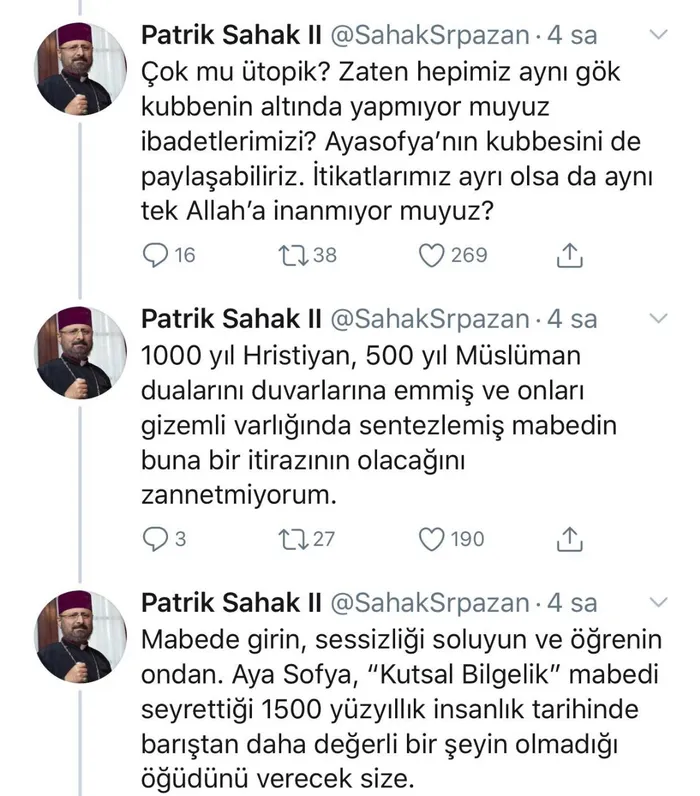 Türkiye Ermenileri Patriği Sahak Maşalyan Ayasofya ibadete açılsın dedi
