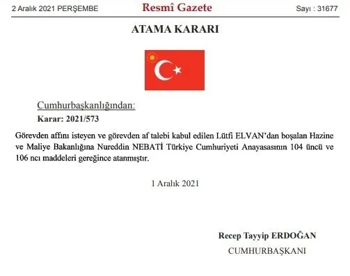 Hazine ve Maliye Bakanlığı’nda görev değişimi: Lütfi Elvan’ın yerin Dr.Nureddin Nebati atandı