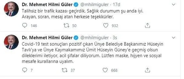 Ordu Büyükşehir Belediye Başkanı Hilmi Güler trafik kazası geçirdi