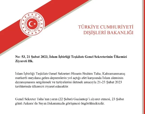 Dışişleri Bakanlığı: İslam İşbirliği Teşkilatı Genel Sekreteri Türkiye’ye gelecek