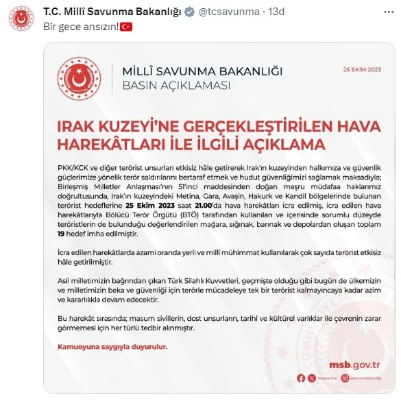 Irak’ın kuzeyine hava harekatı! 19 hedef imha edildi | MSB Bir gece ansızın sözleriyle duyurdu