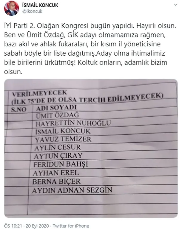 İYİ Parti’de liste krizi sürüyor! İsmail Koncuk: Partide ahlaksız bir operasyon gerçekleştirilmiştir