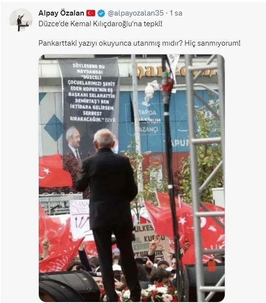 Kemal Kılıçdaroğlu’na Düzce’de pankart şoku! Vatandaşlar tam karşısında açtı: Çocuklarımızı şehit eden HDPKK’nın eş başkanı Selahattin Demirtaş’ı...