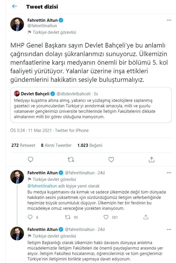 Cumhurbaşkanlığı İletişim Başkanı Fahrettin Altun’dan iletişim fakülteleri açıklaması ve Devlet Bahçeli’nin çağrısına yanıt