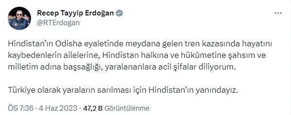 Başkan Erdoğan'dan Hindistan'daki tren kazasında vefat edenlere taziye: Türkiye Hindistan’ın yanında - 6
