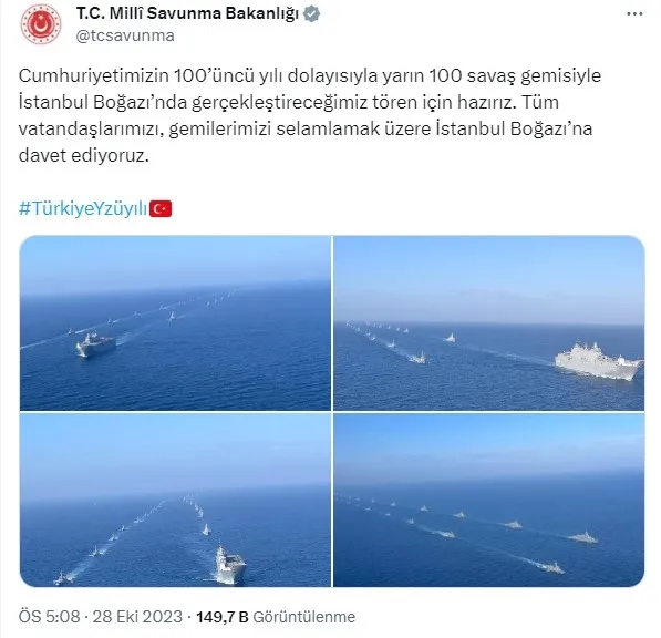 Cumhuriyetin 100’üncü yılında tarihi tören! MSB vatandaşları Boğaz’a davet etti: Gemiler Başkan Recep Tayyip Erdoğan’ı selamlayacak