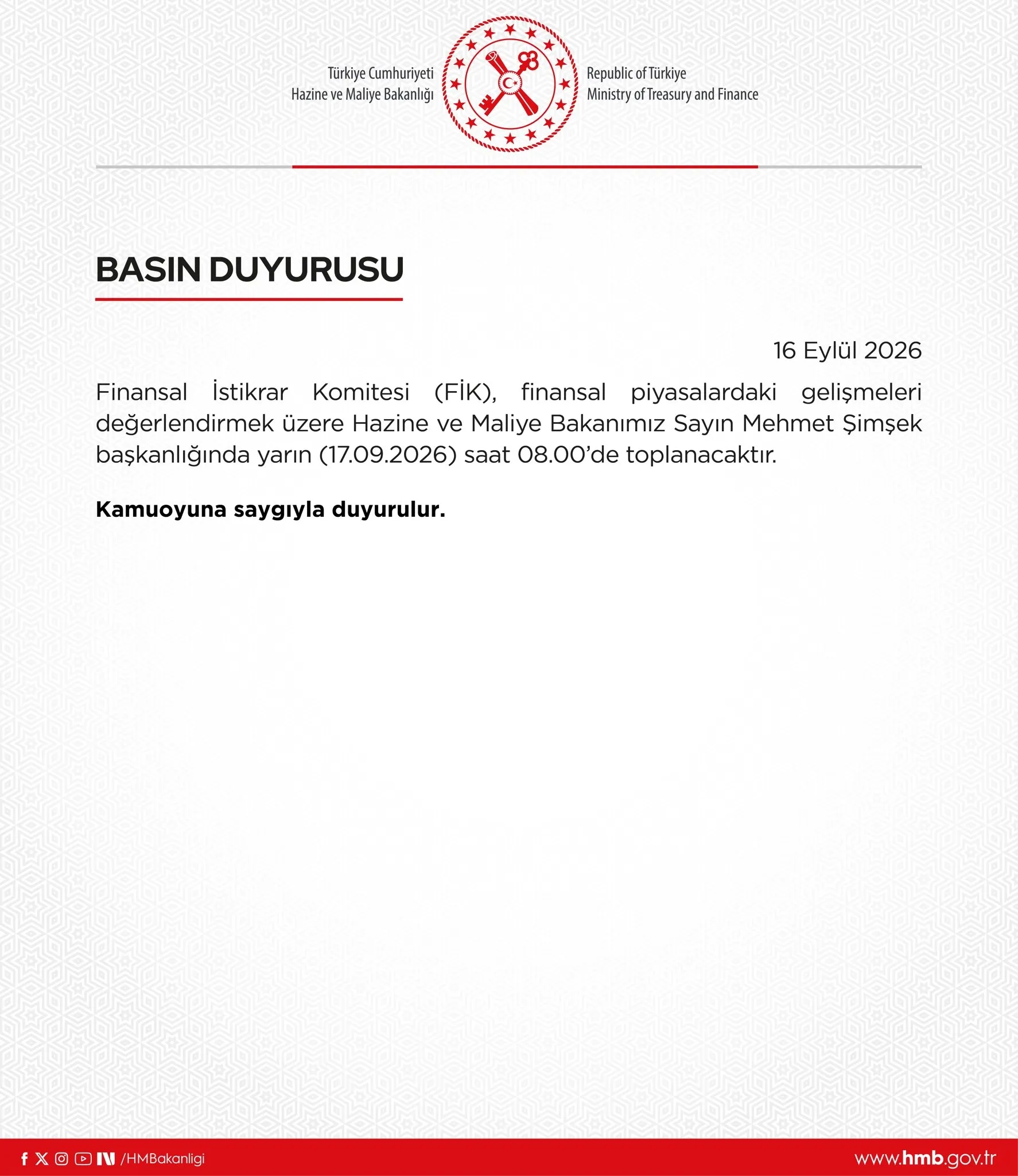 Finansal İstikrar Komitesi'nden toplantı kararı