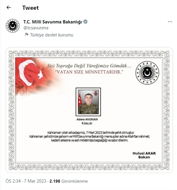 Son dakika | MSB acı haberi duyurdu! P.Söz.Er Adem Avunan tedavi gördüğü hastanede hayatını kaybederek şehit oldu - 1