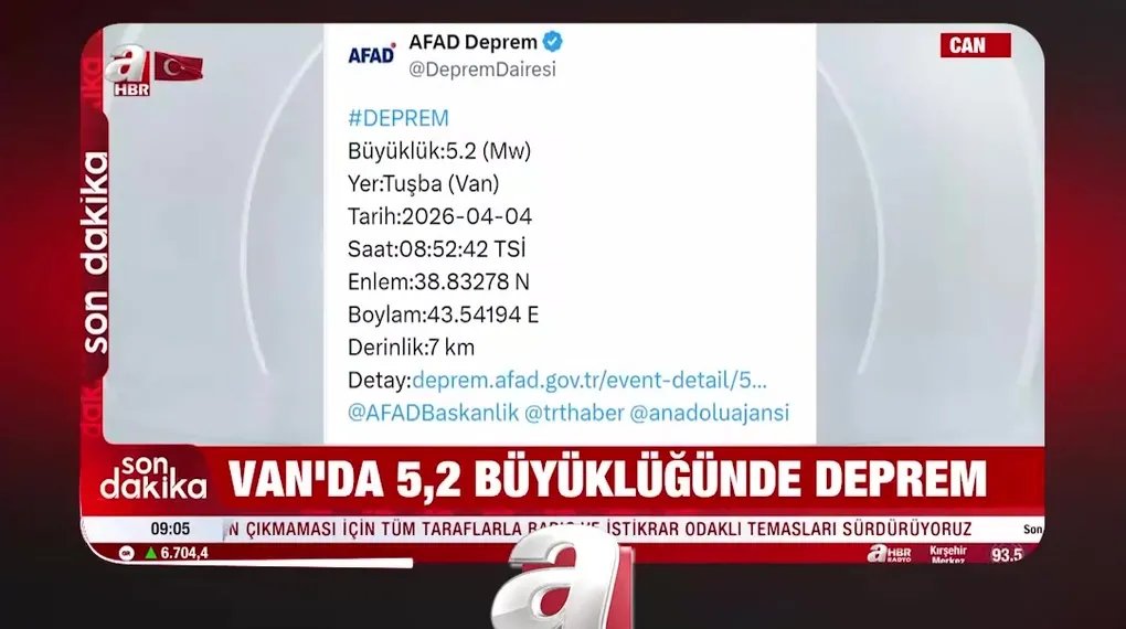 VAN'DA 5,2 BÜYÜKLÜĞÜNDE DEPREM