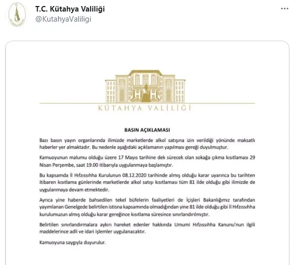 Son dakika: Kütahya Valiliğinden alkol satışı yasağı açıklaması - 1