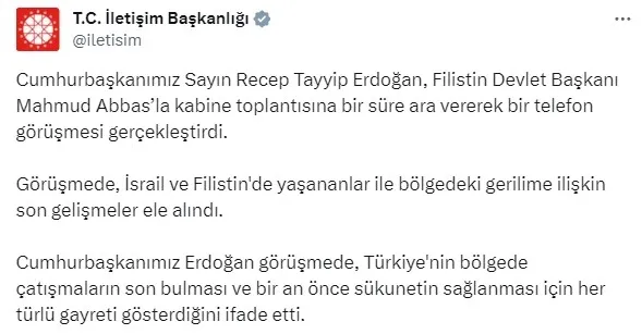 baskan-recep-tayyip-erdogan-filistin-devlet-baskani-mahmud-abbas-gorustu-1696866672909.jpg Başkan Erdoğan'dan Gazze diplomasisi! Filistin, Lübnan, İsrail, Katar ve Mısır ile telefon trafiği - 2