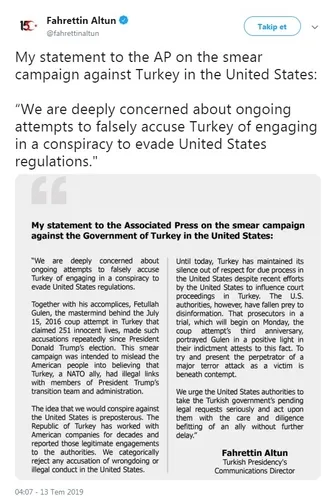 Cumhurbaşkanlığı: ABD’ye komplo kurduğumuz düşüncesi saçmalıktan ibarettir