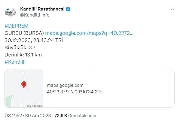 Bursa’da deprem mi oldu? 30 Aralık 2023 az önce kaç şiddetinde deprem meydana geldi? AFAD son dakika