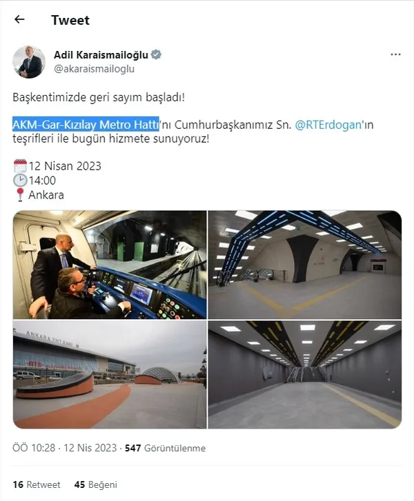 Başkent’e dev eser: AKM-Gar-Kızılay metro hattı açıldı! Başkan Erdoğan’dan 7’li koalisyona sert tepki: Kandil’den verilen talimatlarla yol yürüyorlar