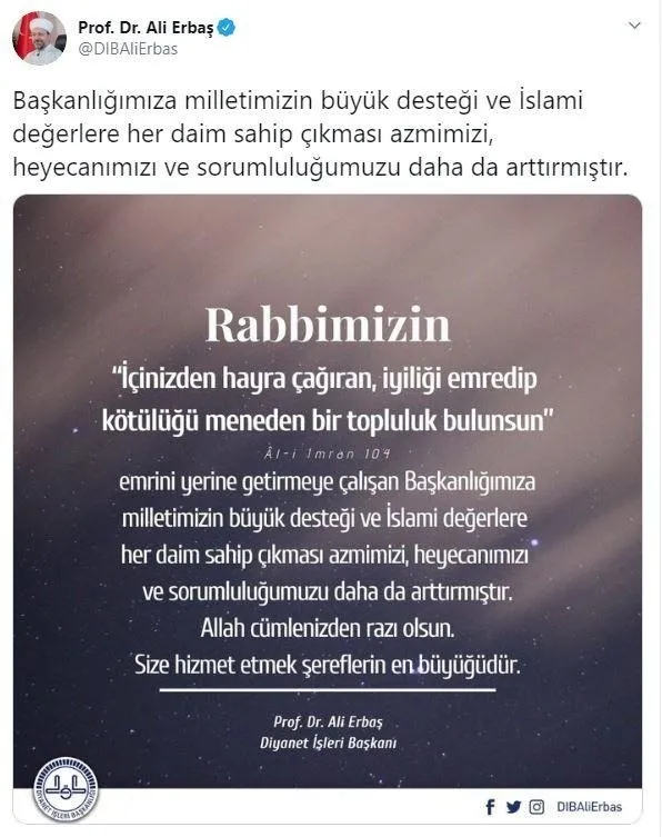 Son dakika: Diyanet İşleri Başkanı Ali Erbaş’tan flaş açıklama: Milletimizin büyük desteği sorumluluğumuzu arttırmıştır