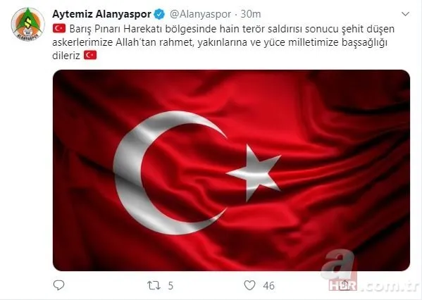 Süper Lig ekiplerinden Barış Pınarı Harekatı şehitleri için başsağlığı mesajları