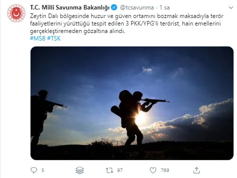 MSB duyurdu: Zeytin Dalı bölgesinde 3 terörist gözaltına alındı - 1
