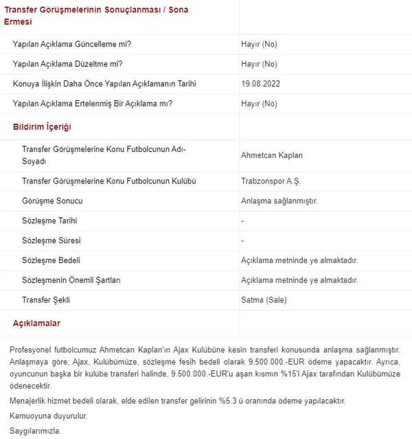 Son dakika: Trabzonspor'dan Ahmetcan Kaplan açıklaması! KAP'a Ajax duyurusu