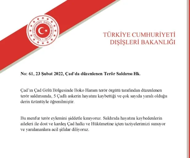 Dışişleri Bakanlığı: Çad'da düzenlenen terör saldırısını kınıyoruz - 1