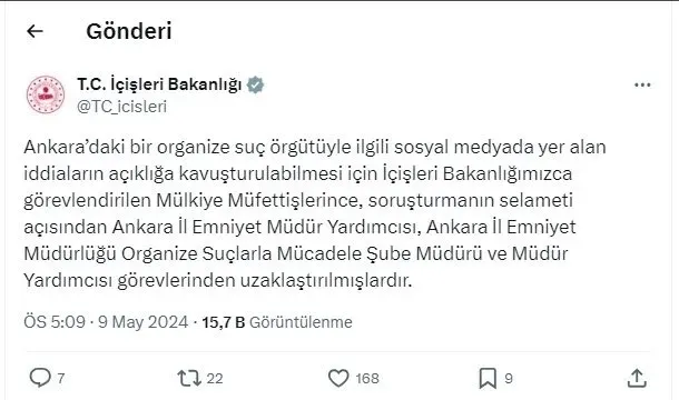 İçişleri Bakanlığından açıklama: Ankara Emniyeti’nde görevden uzaklaştırmalar yapıldı! Soruşturmanın selameti açısından