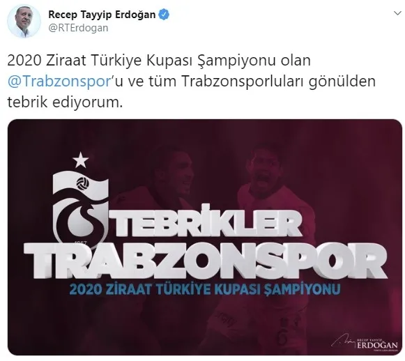 Son dakika: Başkan Erdoğan Trabzonspor’u tebrik etti