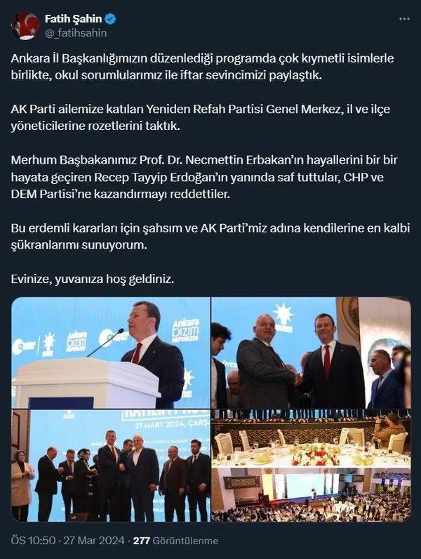 Yeniden Refah Partisi’nde yaprak dökümü! 21 isim istifa ederek AK Parti’ye katıldı | AK Parti Genel Sekreteri Şahin’den açıklama: Necmettin Erbakan’ın hayallerini gerçekleştiren Erdoğan’ın yanında saf tuttular