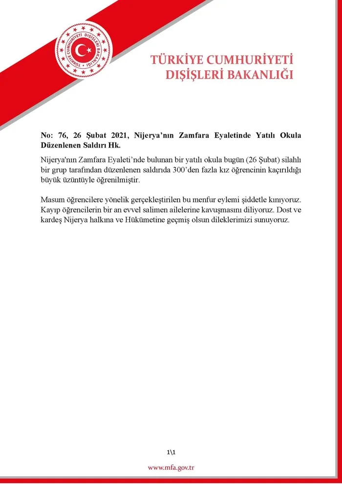 Dışişleri Bakanlığı Nijerya'da 300 öğrencinin kaçırılması olayını kınadı - 1