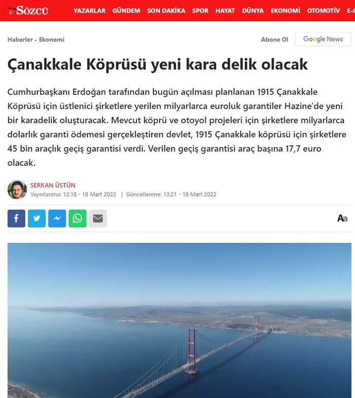 Ulaştırma ve Altyapı Bakanlığından 1915 Çanakkale Köprüsü açıklaması
