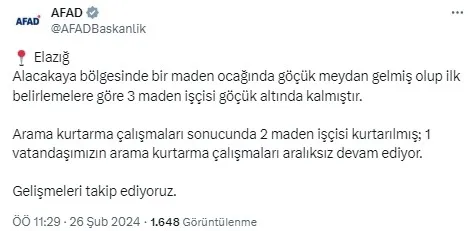Elazığ Palu’da maden ocağında göçük! Toprak altında kalan tüm işçiler kurtarıldı