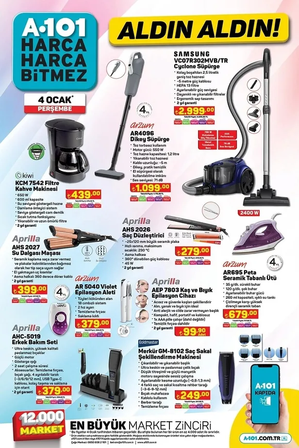4 Ocak A101 aktüel indirim kataloğu yayınlandı! Filtre kahve makinesi, Samsung süpürge, Arzum ütü, Granit tencere seti uygun fiyattan satışta