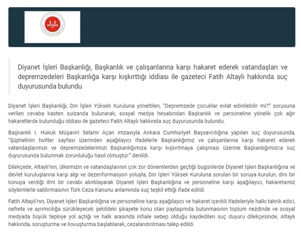 diyanet-isleri-baskanligindan-fatih-altayli-hakkinda-suc-duyurusu-depremzedeleri-kiskirtti-1676922857868.jpg Diyanet İşleri Başkanlığından Fatih Altaylı hakkında suç duyurusu: "Depremzedeleri kışkırttı" - 3