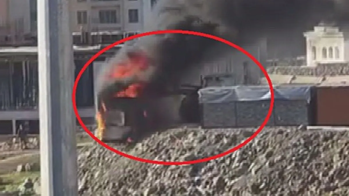 Alevlerin arasına dalan operatör konteyneri uçurumdan yuvarladı