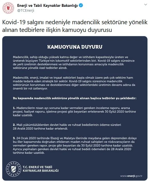 Enerji ve Tabii Kaynaklar Bakanlığı madencilik sektöründe yönelik korona virüs tedbirlerini açıkladı - 1