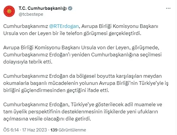 Başkan Erdoğan AB Komisyonu Başkanı Ursula von der Leyen ile görüştü: Türkiye’nin tam üyeliği desteklenmeli