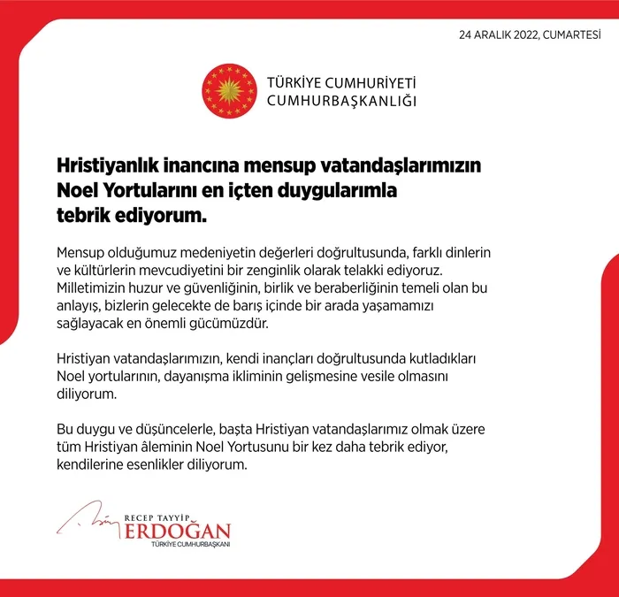 Başkan Recep Tayyip Erdoğan’dan 2023 Noel’i için mesaj