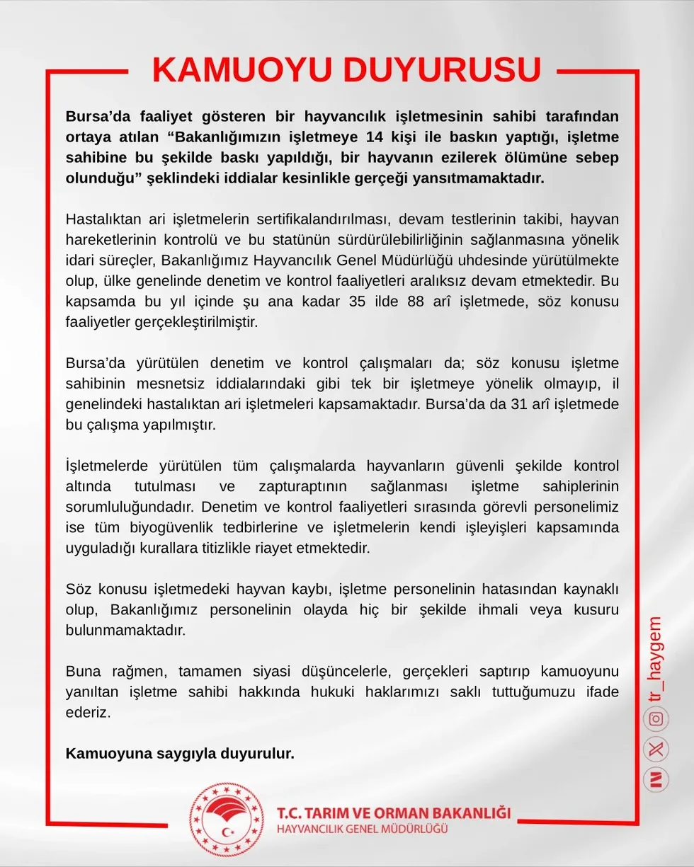 Tarım ve Orman Bakanlığı'ndan Bursa'daki hayvancılık işletmesinin iddialarına yalanlama - 1