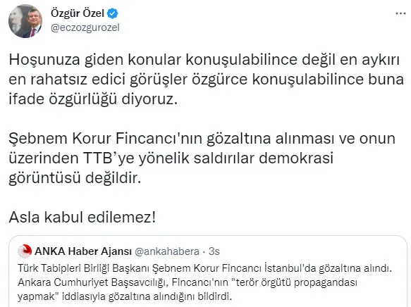 TSK’ya kimyasal silah iftirası atan TTB Başkanı Şebnem Korur Fincancı’ya sahip çıktı! Gözaltına alındı ilk ses CHP’li Özgür Özel’den geldi