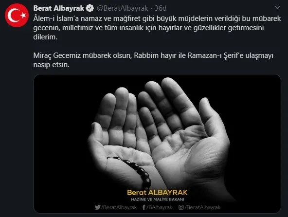 Hazine ve Maliye Bakanı Berat Albayrak’tan “Miraç Kandili” mesajı - 1