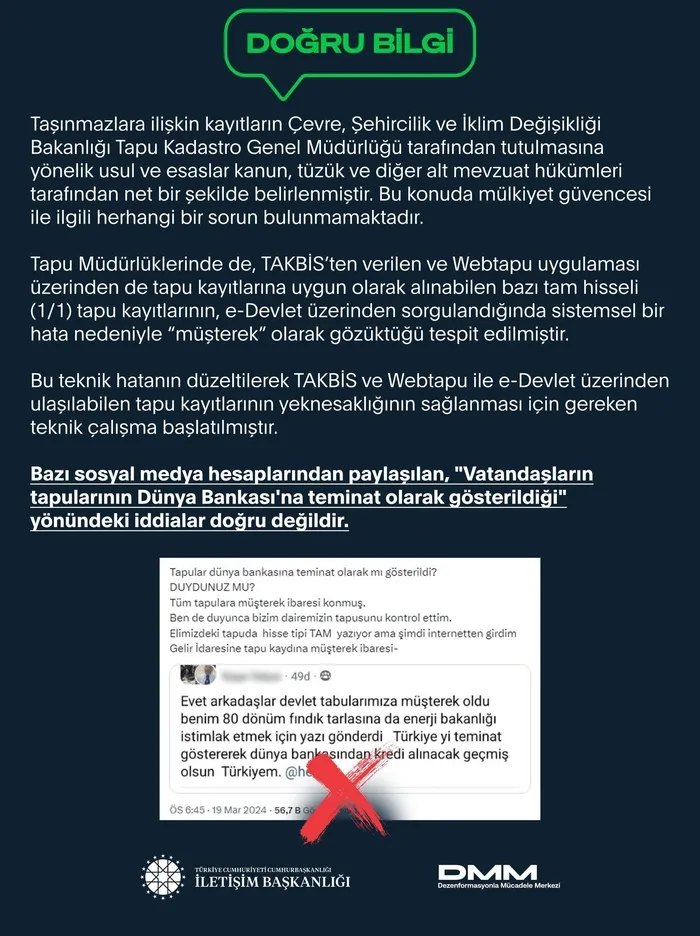 Dezenformasyonla Mücadele Merkezi: Vatandaşların tapularının Dünya Bankası’na teminat olarak gösterildiği iddiası doğru değil