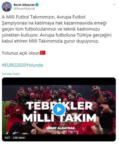 Bakan Albayrak’tan A Milli Takım’a tebrik mesajı