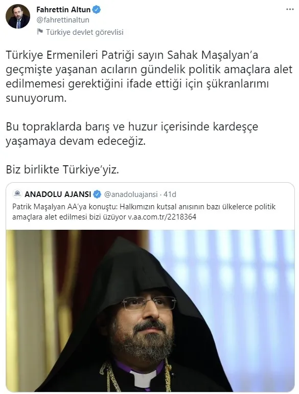 Türkiye Ermenileri 85. Patriği Sahak Maşalyan Başkan Erdoğan’ı işaret ederek barış mesajı verdi