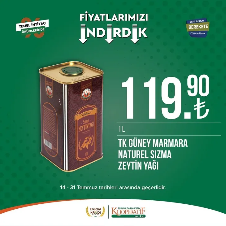 Tarım Kredi Market indirimlerinde son 6 gün! Katalogda yok yok! Çamaşır deterjanı 99.90, Ayçiçek yağı 36.90, Süzme peynir 64.90, zeytin 57.90 TL...