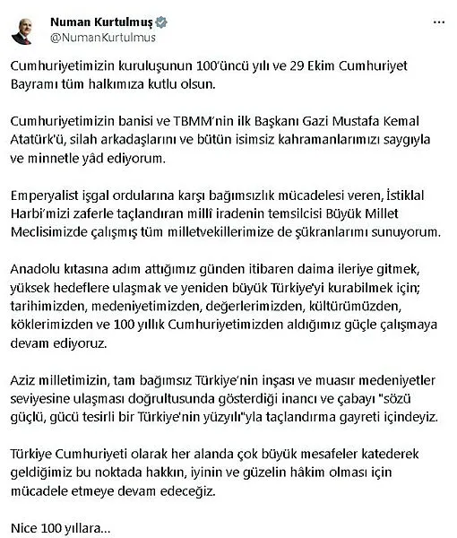 Başkan Erdoğan’dan Cumhuriyetin 100’üncü yıl dönümü mesajı: Canıgönülden tebrik ediyorum