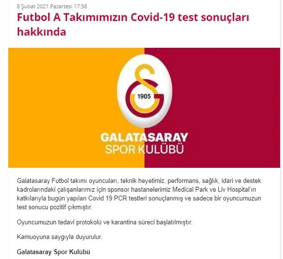 Galatasararay’dan son dakika açıklaması! Bir oyuncuda koronavirüs tespit edildi